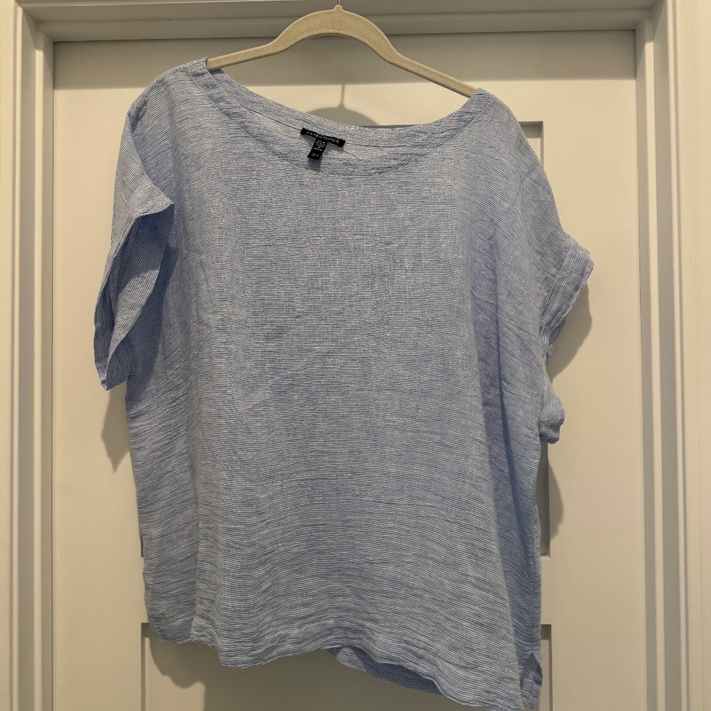 Eileen Fisher Stripe Crinkle Organic Linen Top, Size L.